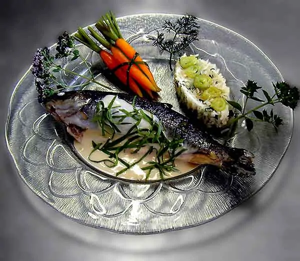 photo of a trout on a plate with vegetables.