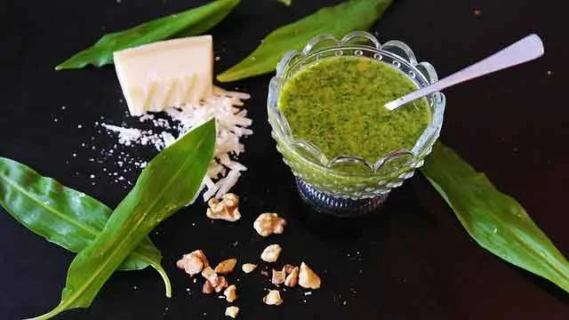 Photo of parmesan cheese on board with pesto, which reflects the topic of the page - best dairy to eat on a keto diet
